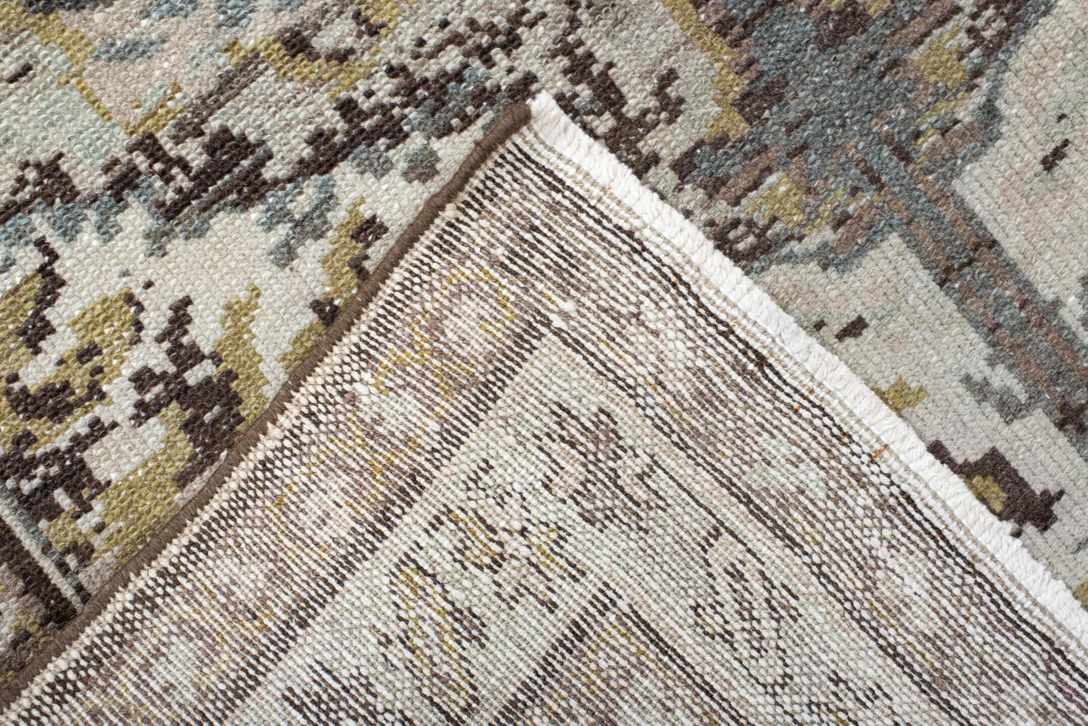 3' x 10' one-of-a-kind handmade vintage Baktiary runner rug. Color palette: ivory, brown, sage, taupe, gold, charcoal, green