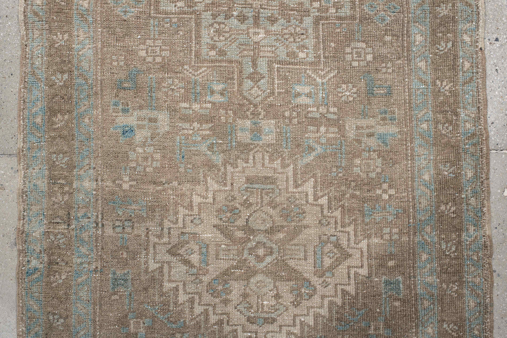 3' x 10' one-of-a-kind handmade vintage Heriz runner rug. Color palette: taupe, ivory, pale blue, beige, camel, sage, gray