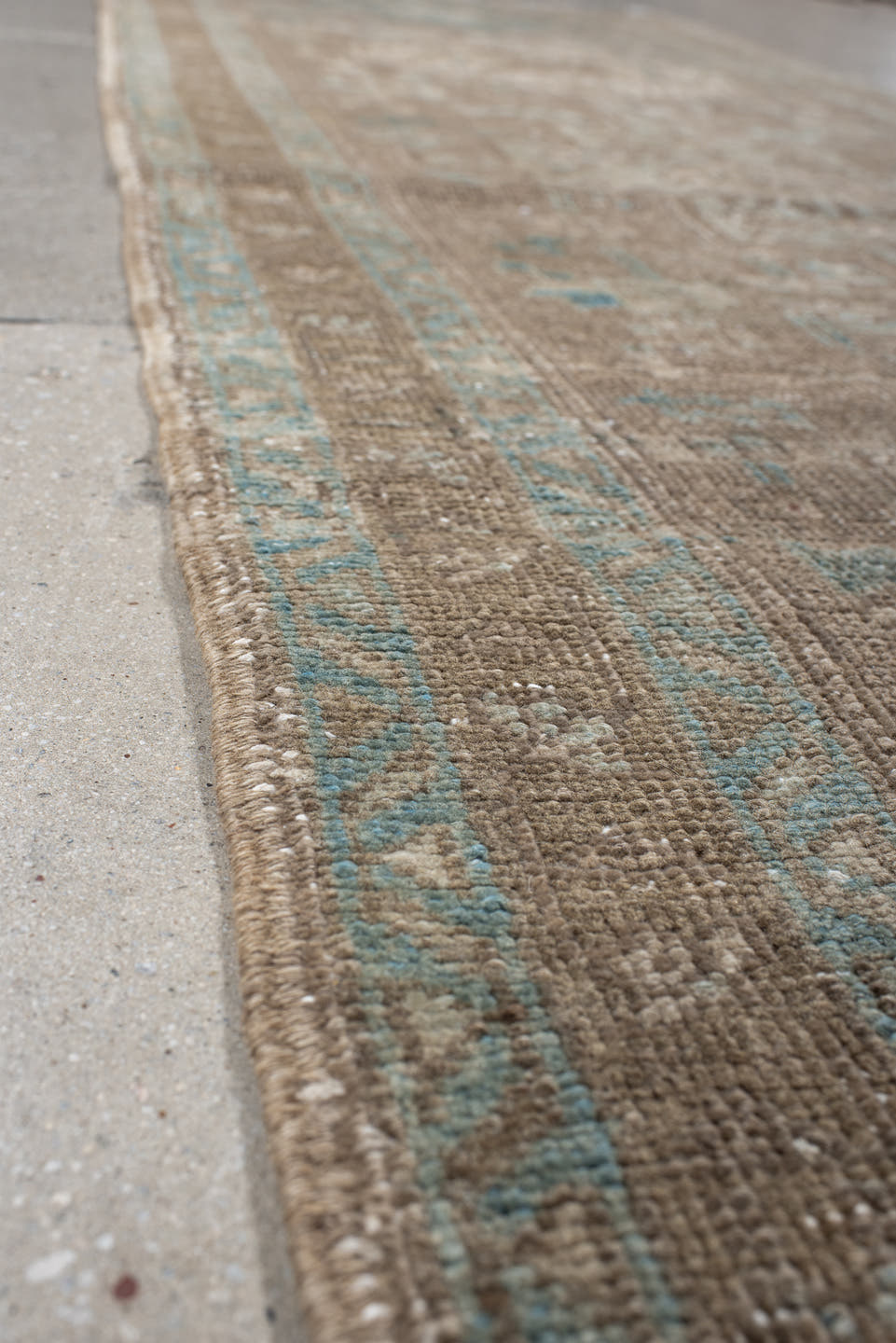 3' x 10' one-of-a-kind handmade vintage Heriz runner rug. Color palette: taupe, ivory, pale blue, beige, camel, sage, gray