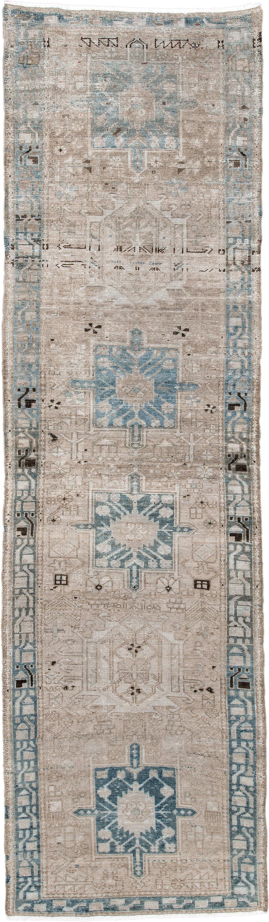 2' x 9' one-of-a-kind handmade antique Karaje runner rug. Color palette: taupe, ivory, sky blue, charcoal, beige, gray