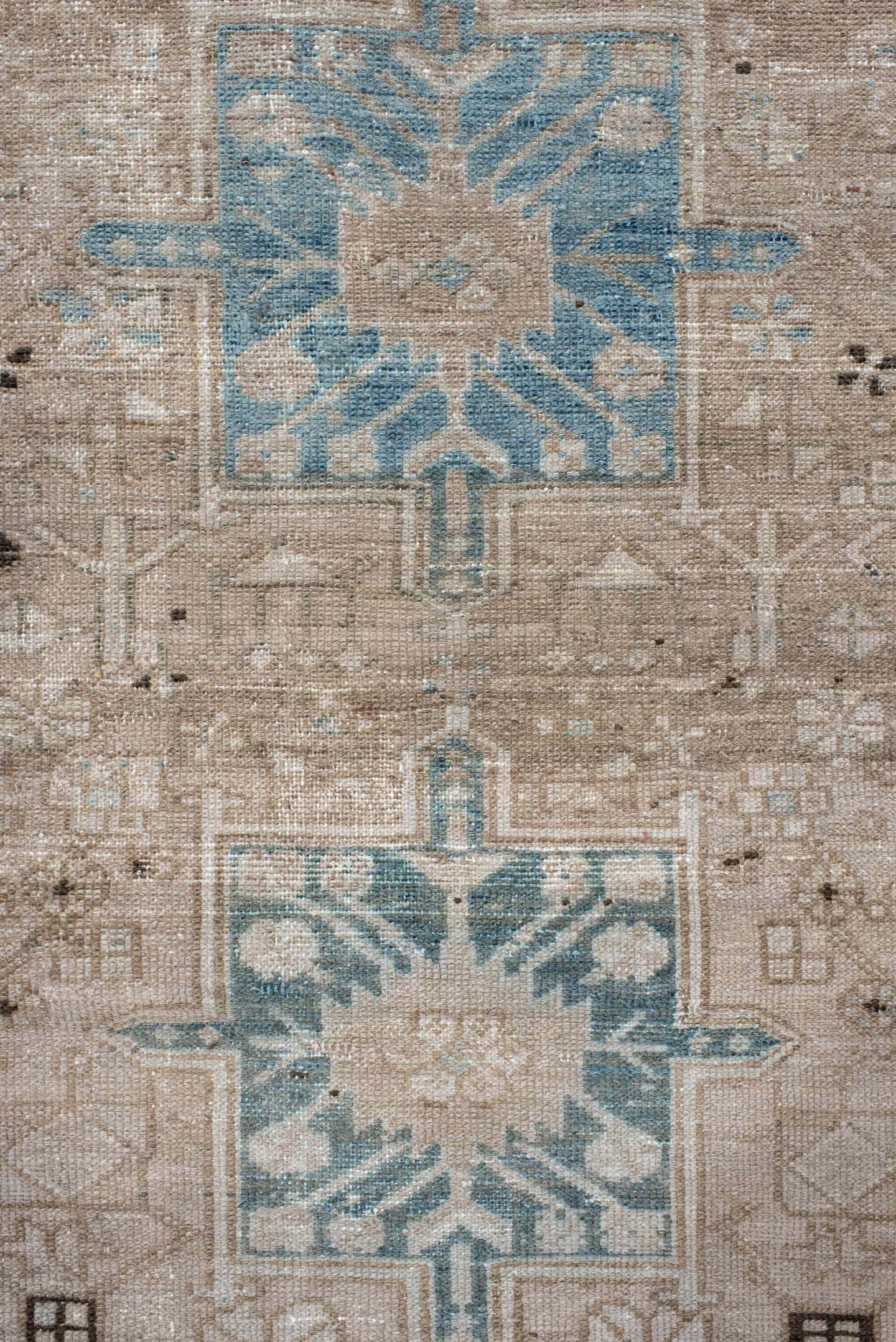 2' x 9' one-of-a-kind handmade antique Karaje runner rug. Color palette: taupe, ivory, sky blue, charcoal, beige, gray