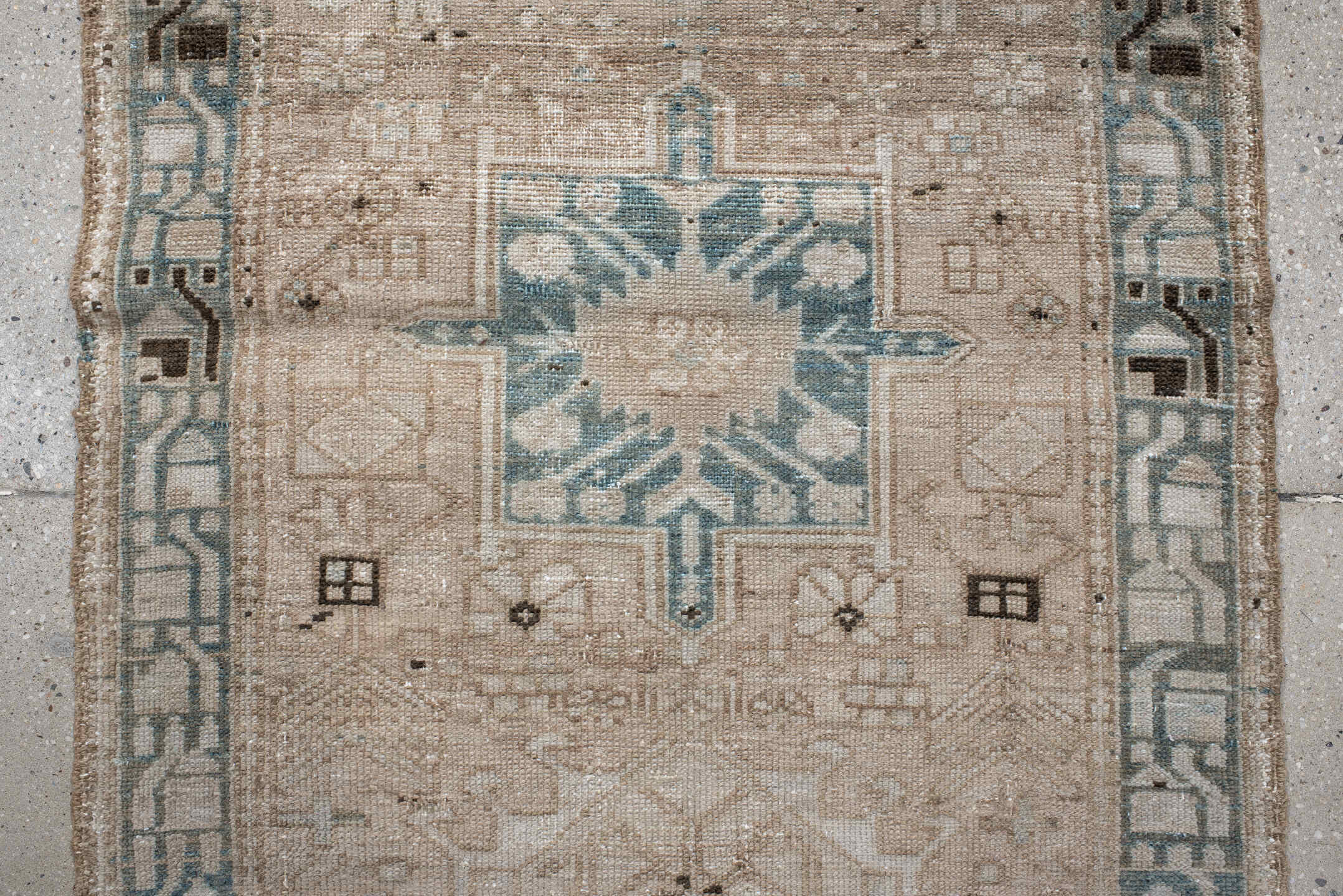 2' x 9' one-of-a-kind handmade antique Karaje runner rug. Color palette: taupe, ivory, sky blue, charcoal, beige, gray
