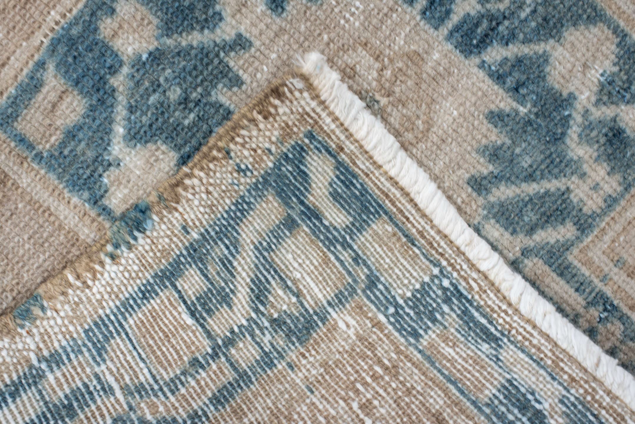 2' x 9' one-of-a-kind handmade antique Karaje runner rug. Color palette: taupe, ivory, sky blue, charcoal, beige, gray