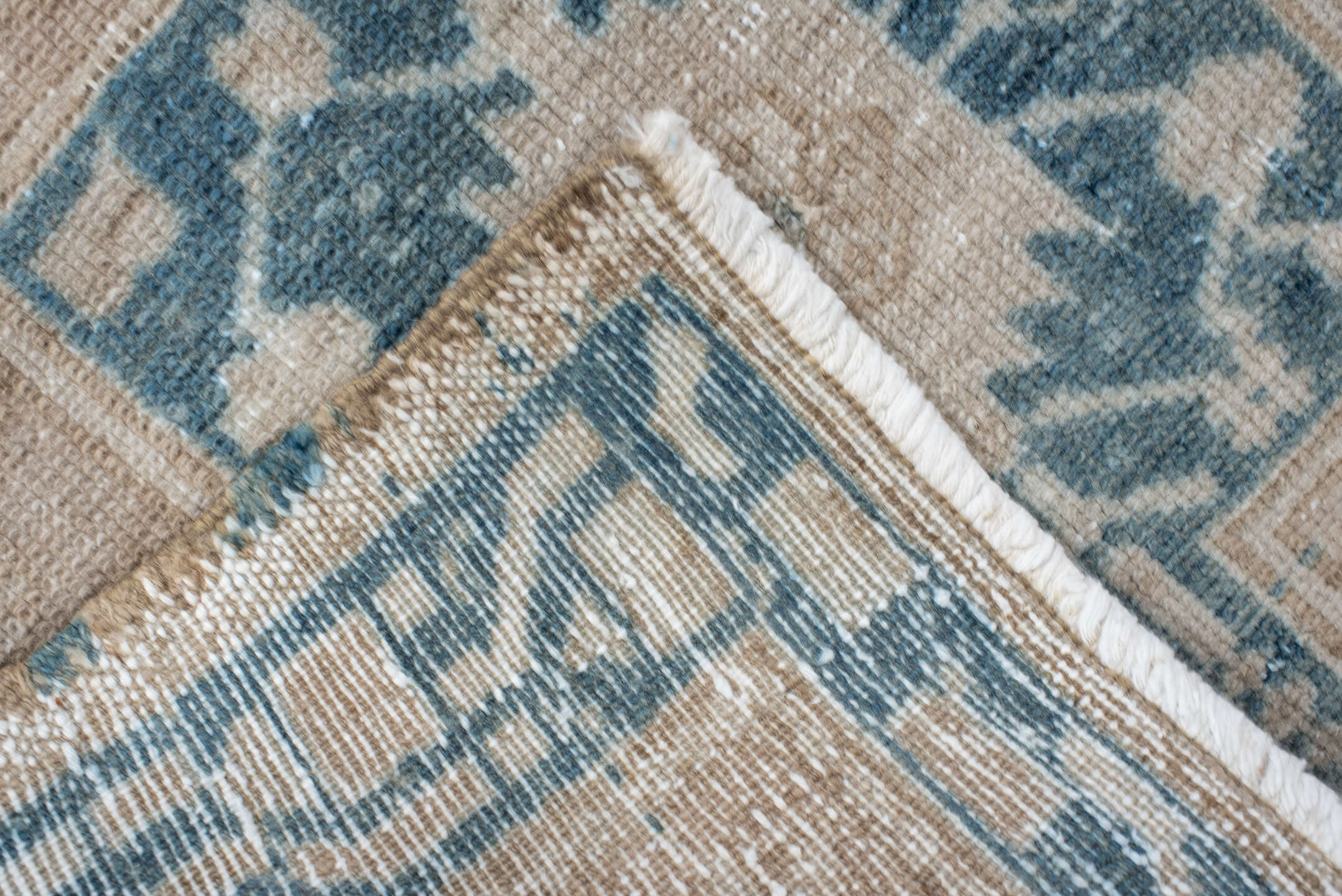 2' x 9' one-of-a-kind handmade antique Karaje runner rug. Color palette: taupe, ivory, sky blue, charcoal, beige, gray