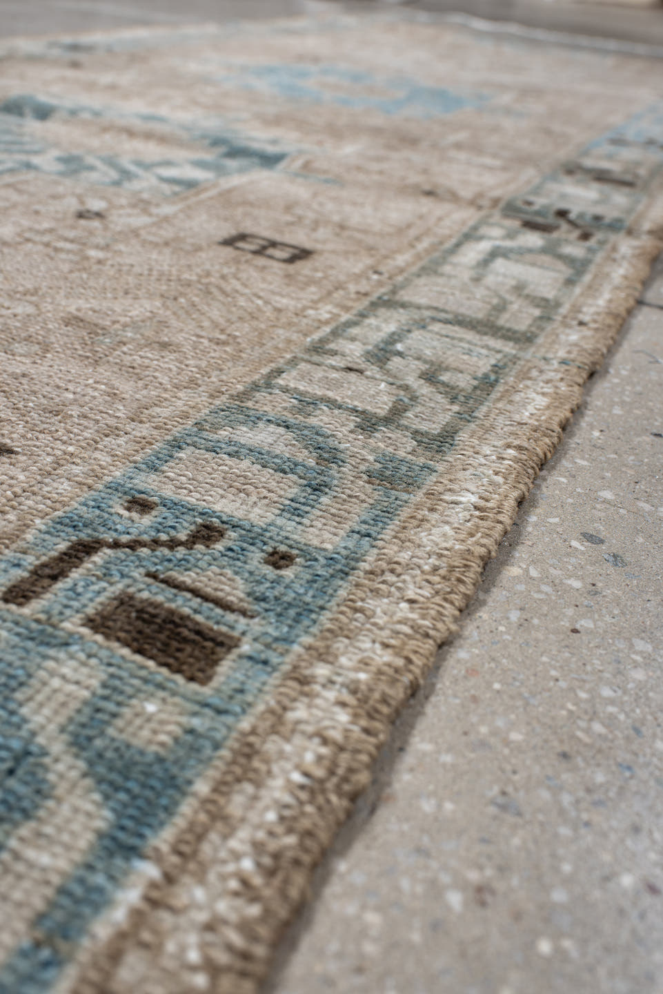 2' x 9' one-of-a-kind handmade antique Karaje runner rug. Color palette: taupe, ivory, sky blue, charcoal, beige, gray