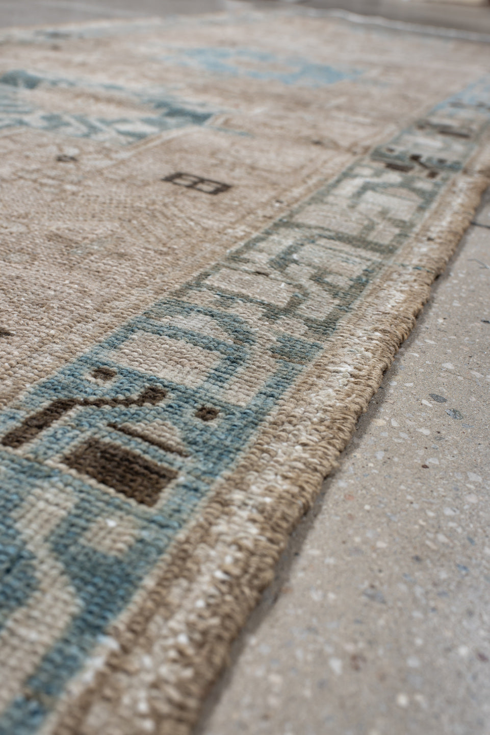 2' x 9' one-of-a-kind handmade antique Karaje runner rug. Color palette: taupe, ivory, sky blue, charcoal, beige, gray