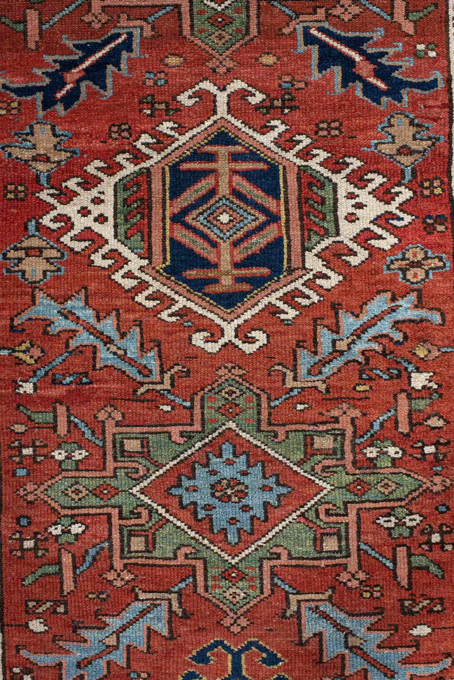 3' x 12' one-of-a-kind handmade antique Karaje runner rug. Color palette: rust, navy, ivory, sky_blue, sage, camel