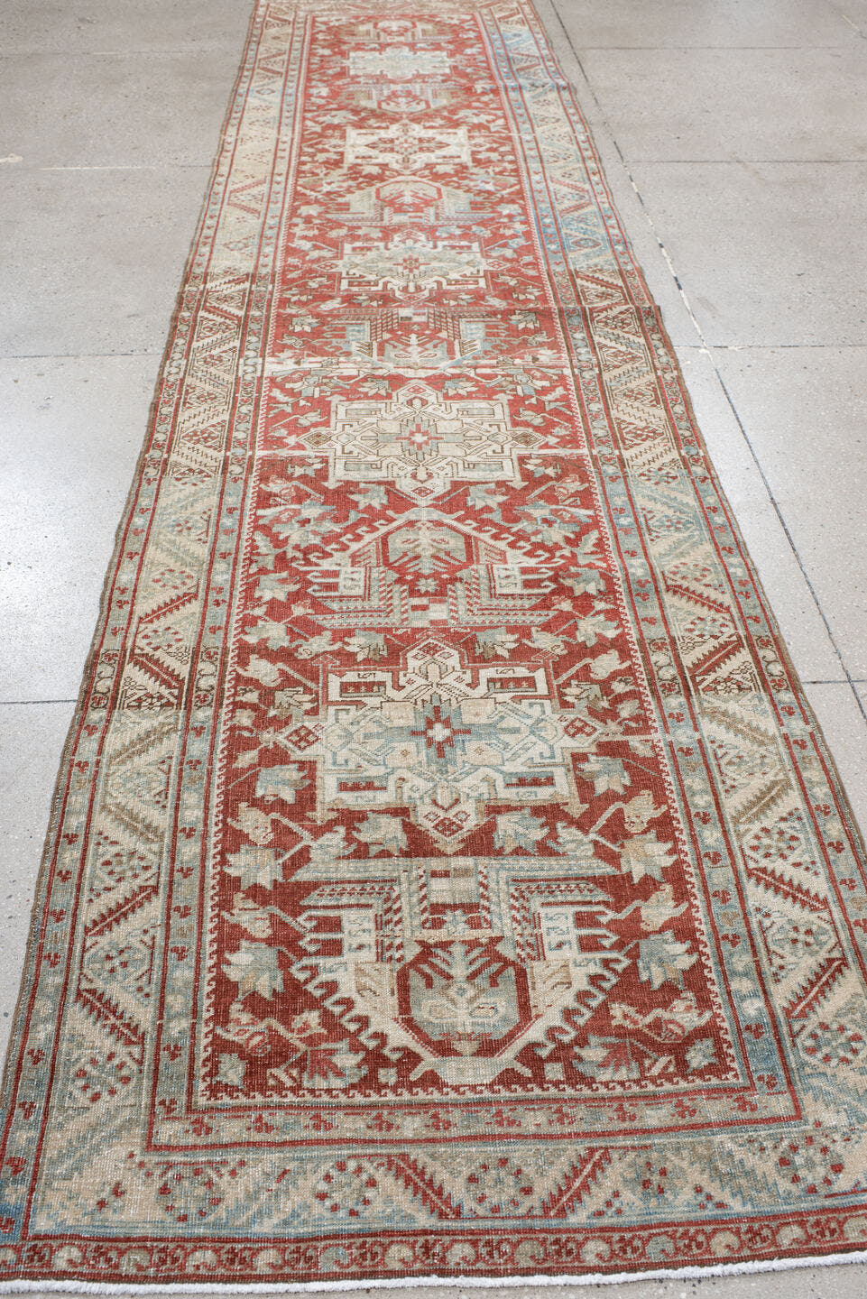 0' x 0' one-of-a-kind handmade vintage Heriz small size rug. Color palette: rust, ivory, pale blue, brick, cream, taupe