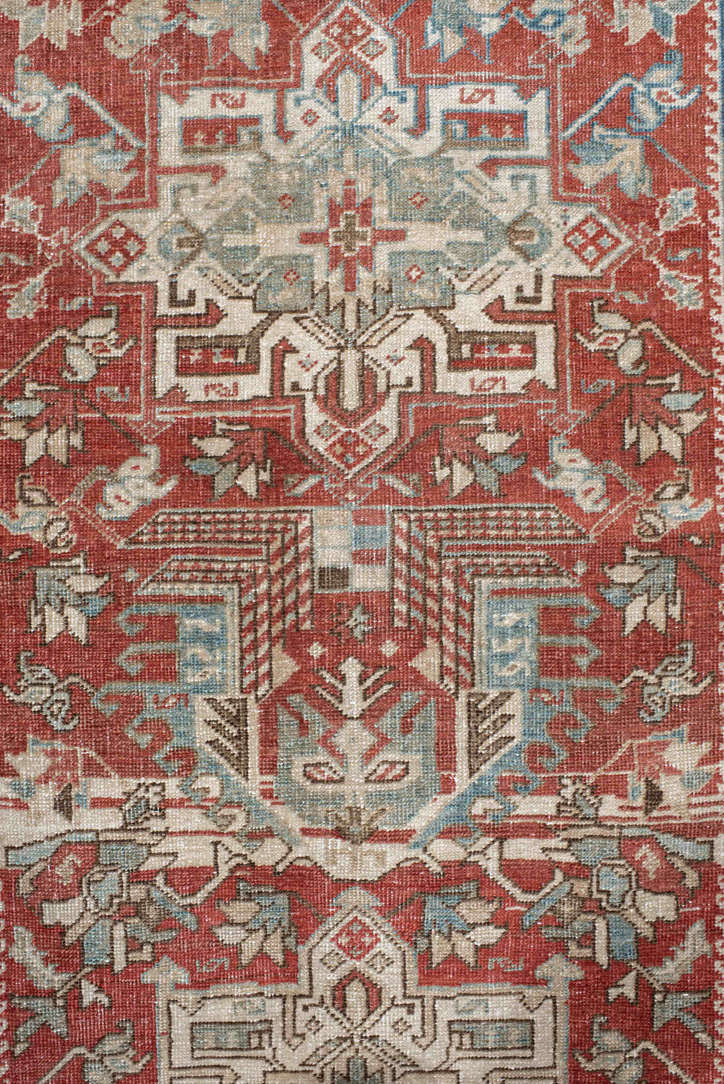 0' x 0' one-of-a-kind handmade vintage Heriz small size rug. Color palette: rust, ivory, pale blue, brick, cream, taupe