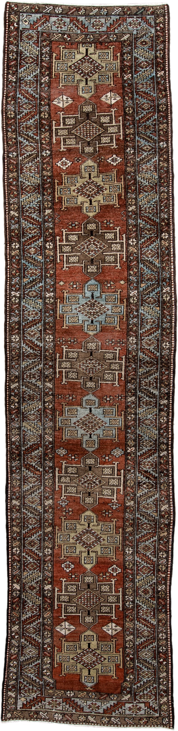 3' x 12' one-of-a-kind handmade antique Heriz runner rug. Color palette: rust, brown, ivory, sky blue, taupe, charcoal