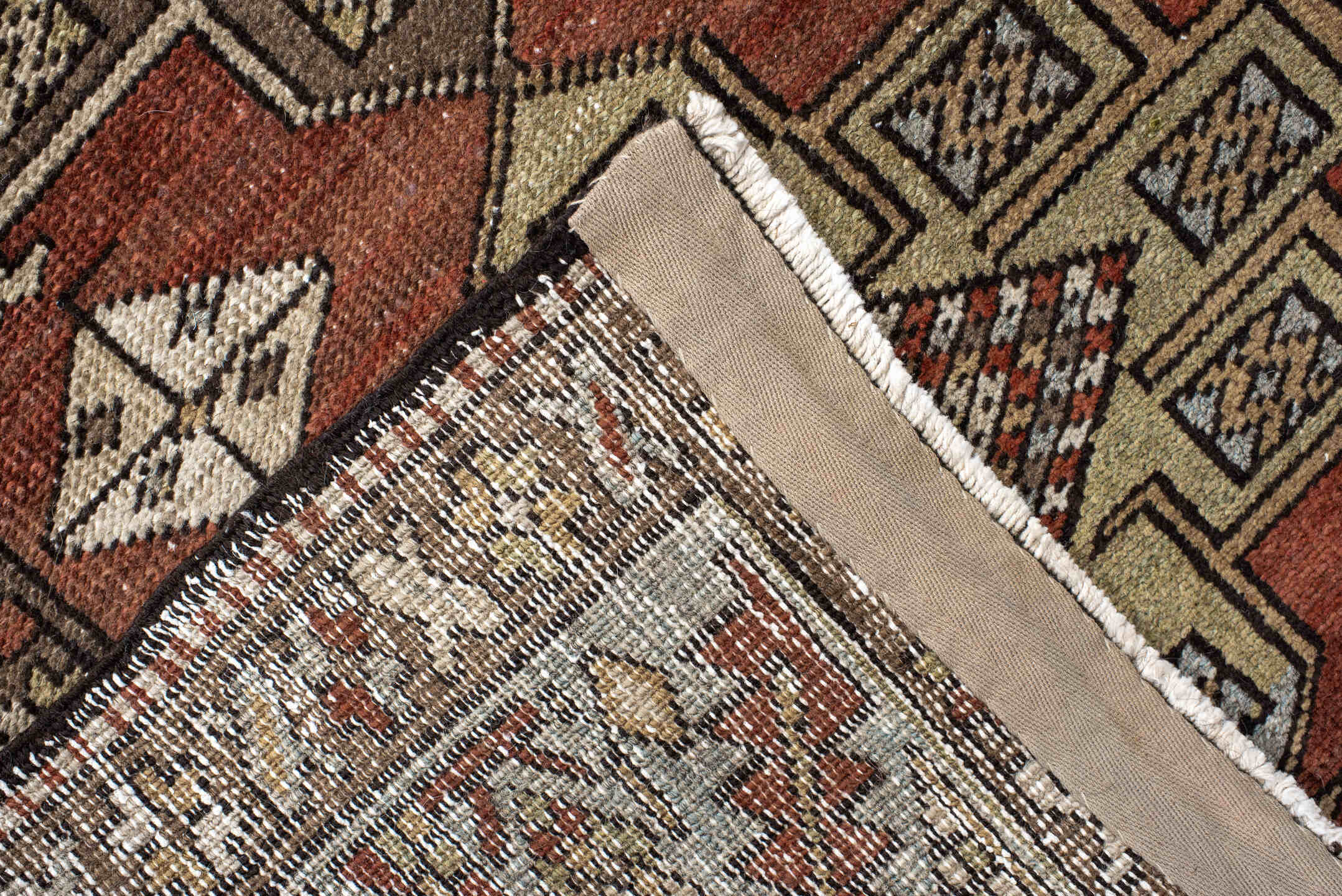 3' x 12' one-of-a-kind handmade vintage Heriz runner rug. Color palette: brown, off-white, orange, gray, light gray