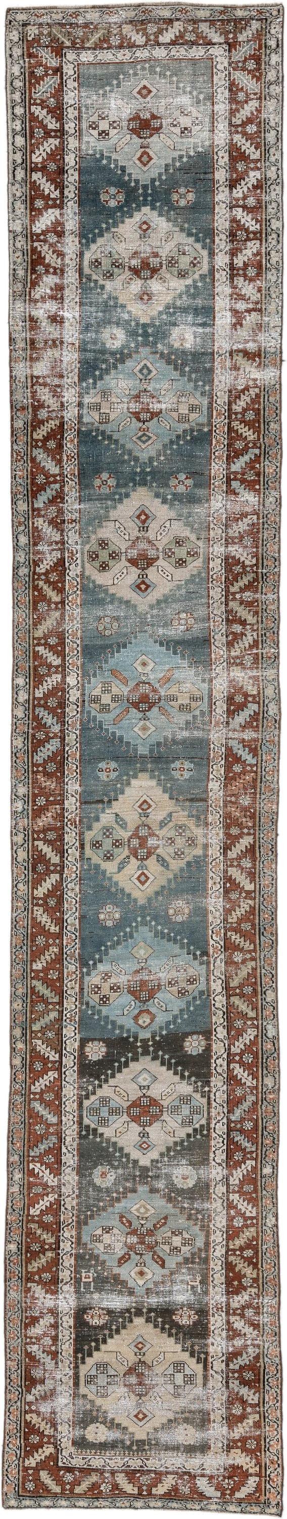 3' x 17' one-of-a-kind handmade antique NW Persian runner rug. Color palette: ivory, sky blue, rust, slate, taupe, charcoal