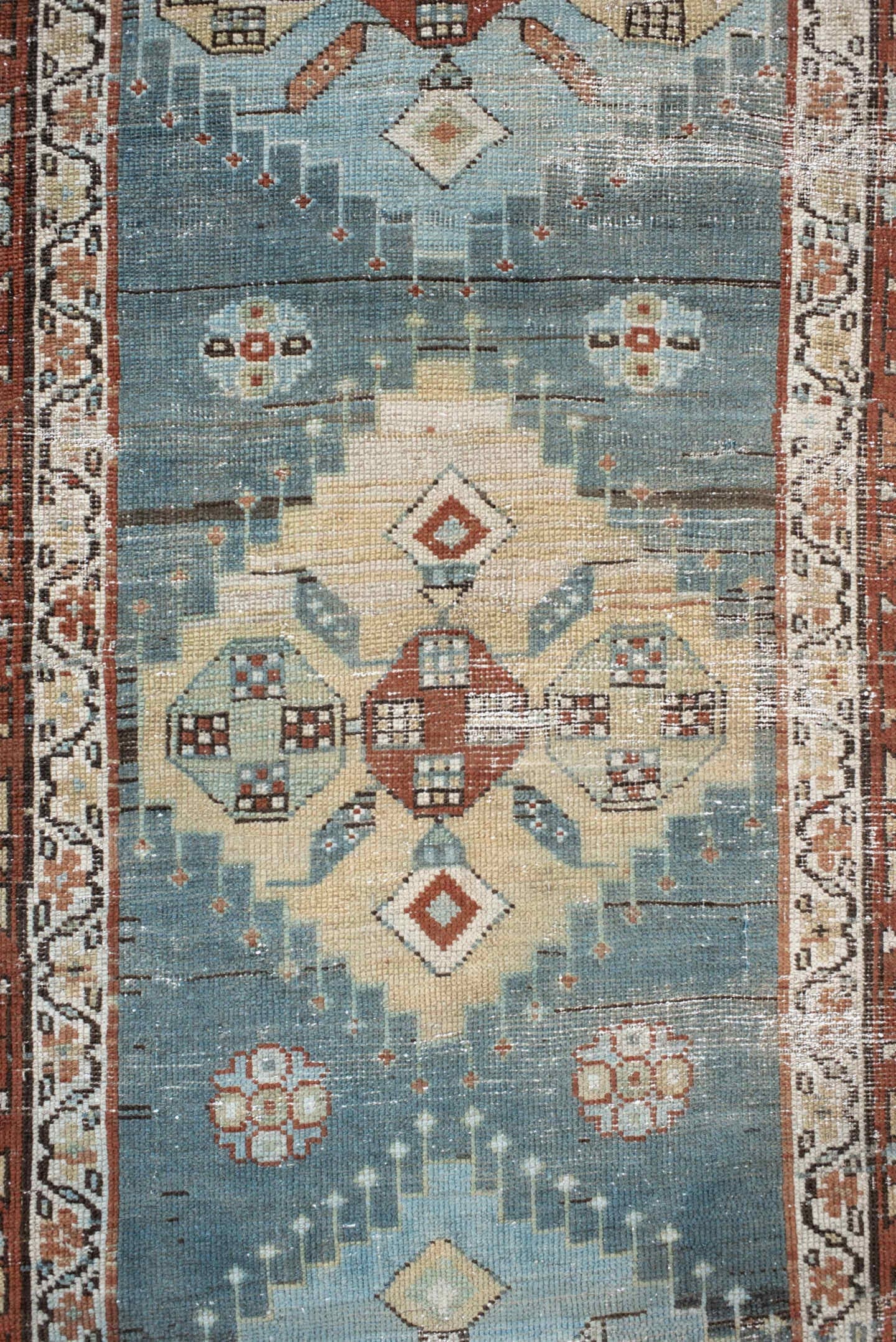 3' x 17' one-of-a-kind handmade antique NW Persian runner rug. Color palette: ivory, sky blue, rust, slate, taupe, charcoal