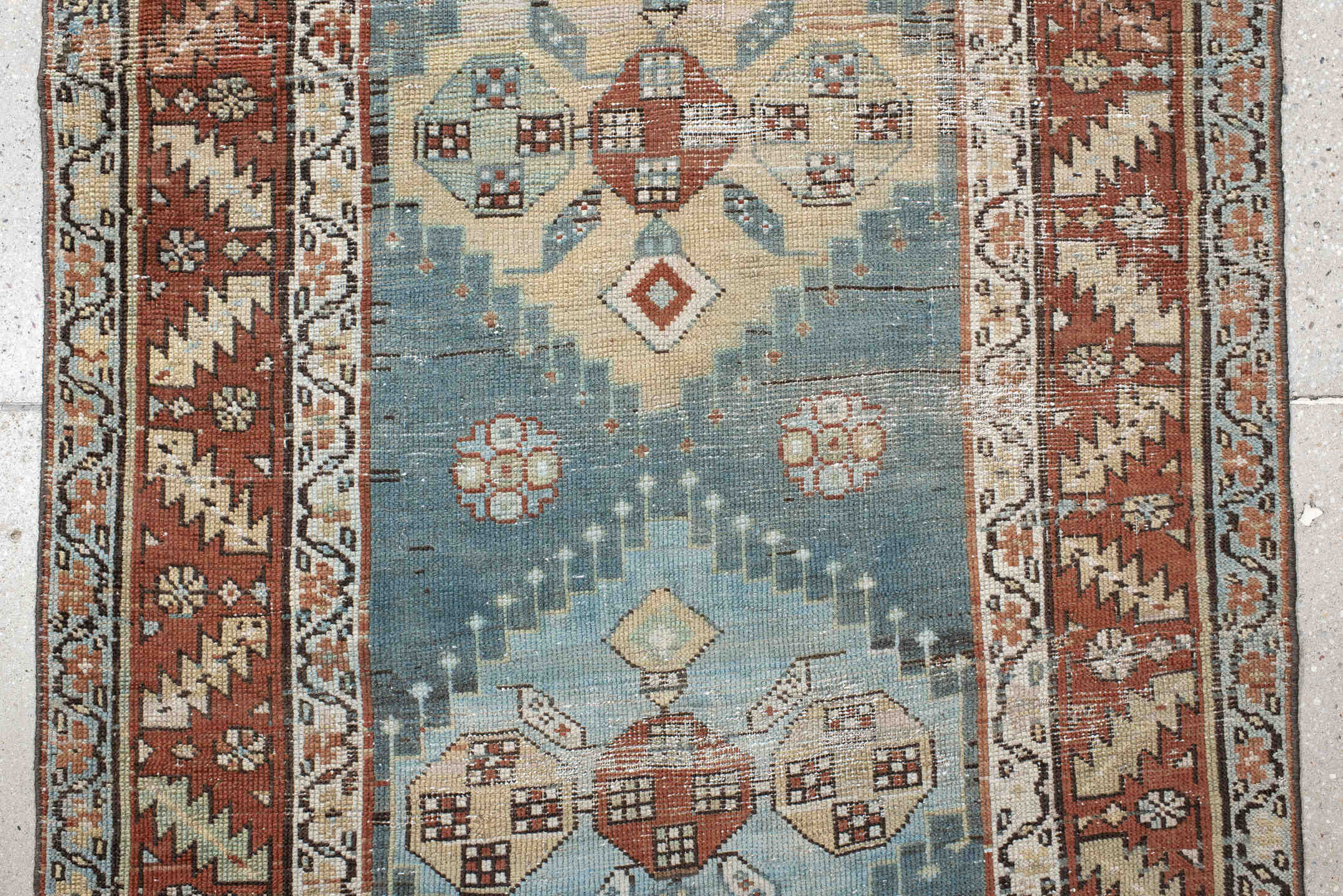 3' x 17' one-of-a-kind handmade antique NW Persian runner rug. Color palette: ivory, sky blue, rust, slate, taupe, charcoal