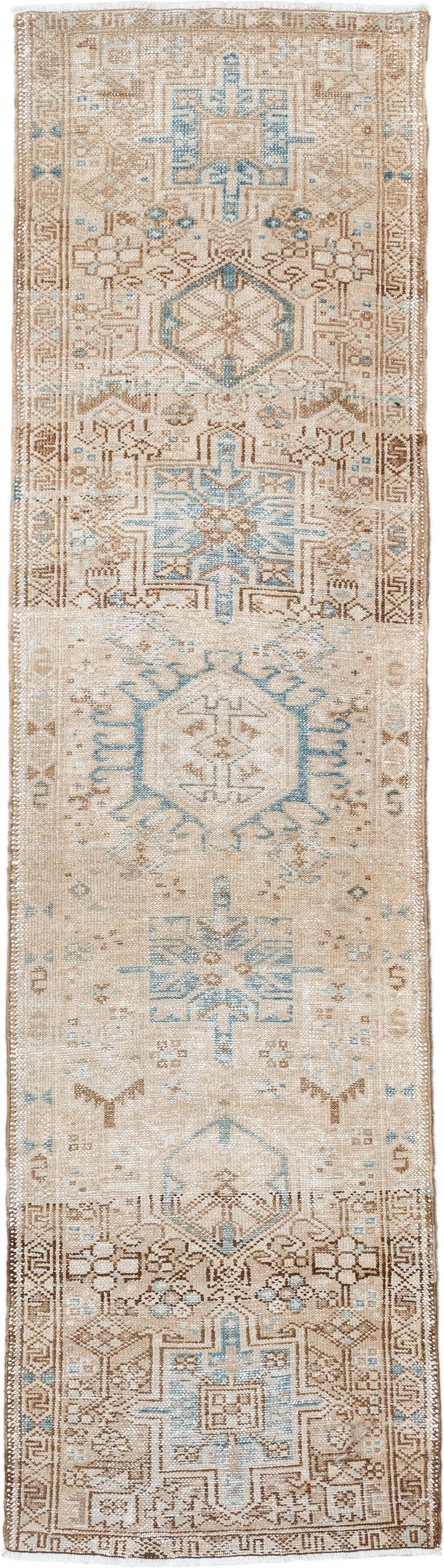 2' x 7' one-of-a-kind handmade antique Karaje runner rug. Color palette: ivory, camel, sky_blue, taupe, beige, light_brown