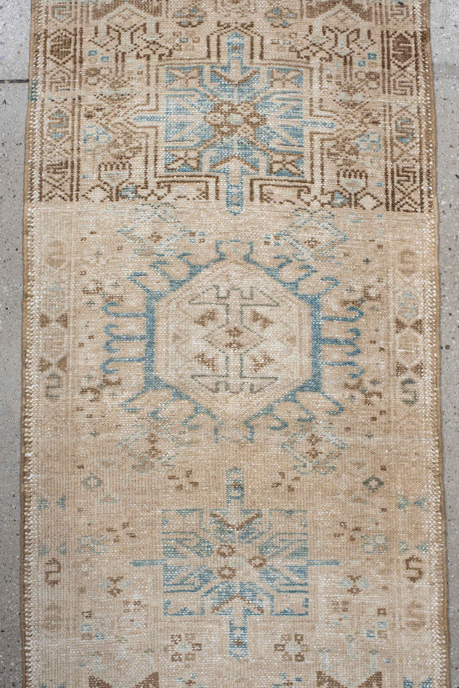 2' x 7' one-of-a-kind handmade antique Karaje runner rug. Color palette: ivory, camel, sky_blue, taupe, beige, light_brown