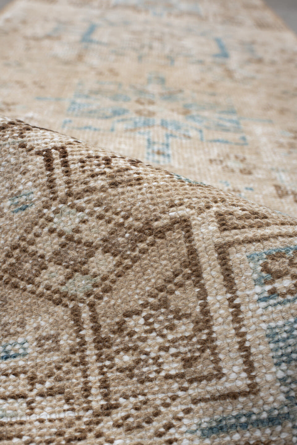 2' x 7' one-of-a-kind handmade antique Karaje runner rug. Color palette: ivory, camel, sky_blue, taupe, beige, light_brown
