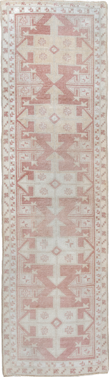 3' x 6' one-of-a-kind handmade vintage runner rug. Color palette: gainsboro, gray, light gray, off-white, pink, rosy brown