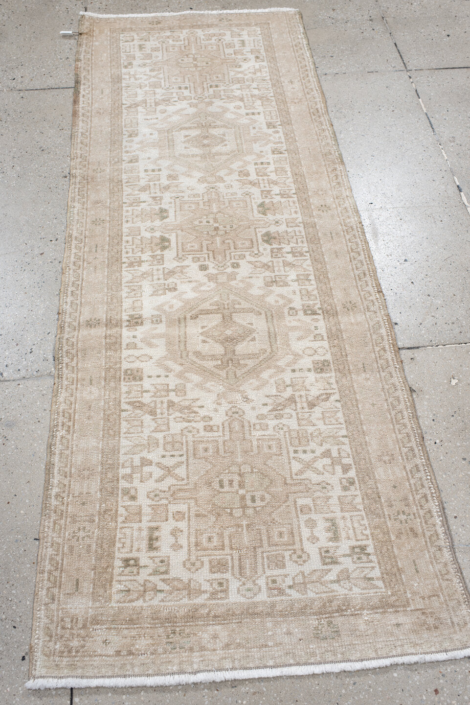 2' x 6' one-of-a-kind handmade vintage Karaje runner rug. Color palette: antiquewhite, gainsboro, gray, light gray, linen