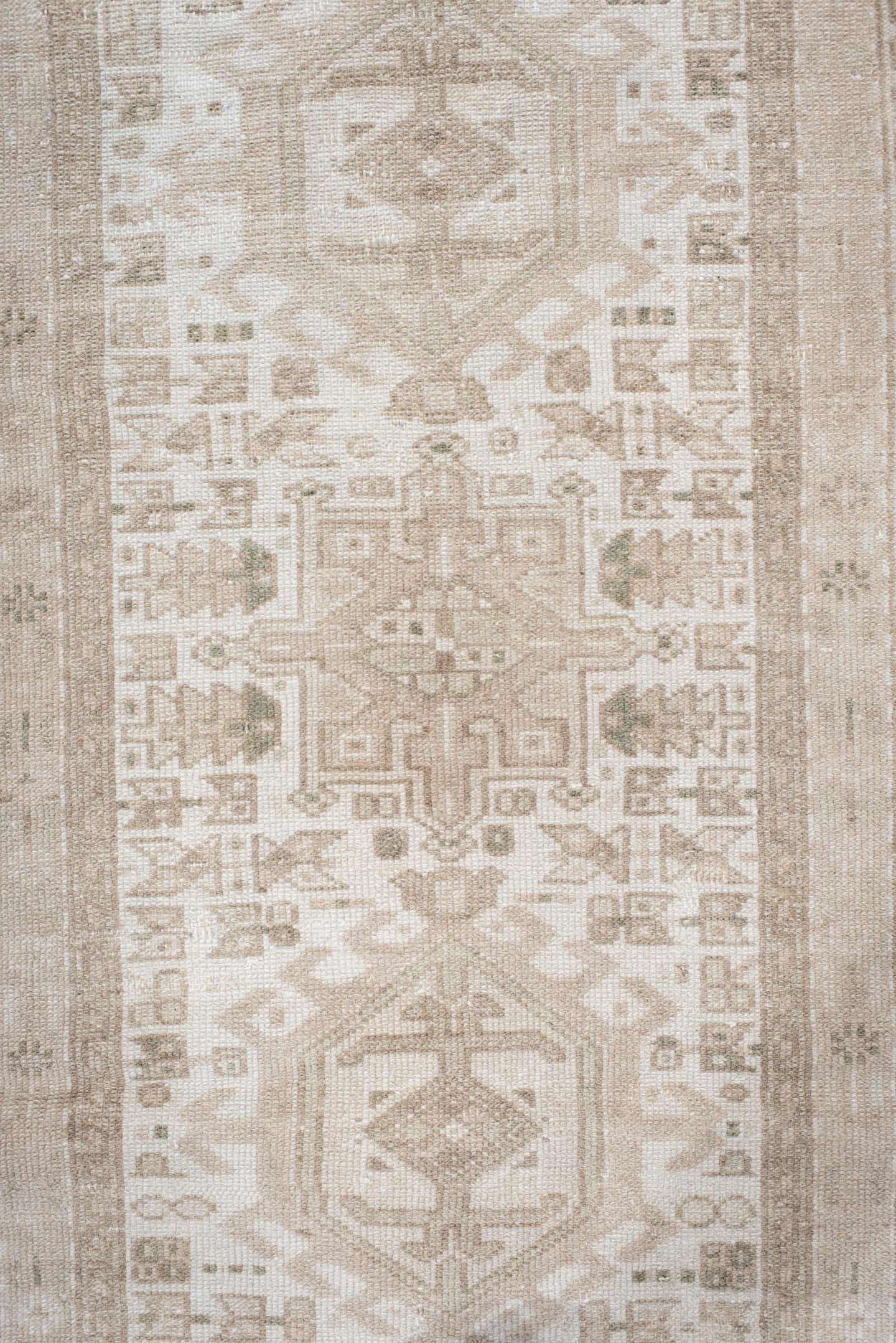2' x 6' one-of-a-kind handmade vintage Karaje runner rug. Color palette: ivory, beige, taupe, sand, camel, gray