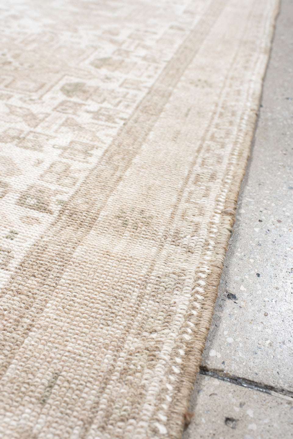 2' x 6' one-of-a-kind handmade vintage Karaje runner rug. Color palette: antiquewhite, gainsboro, gray, light gray, linen
