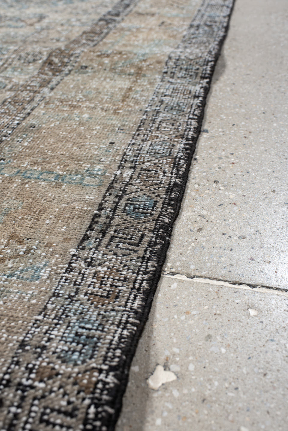 3' x 10' one-of-a-kind handmade antique Karaje runner rug. Color palette: taupe, sky blue, ivory, charcoal, slate, brown