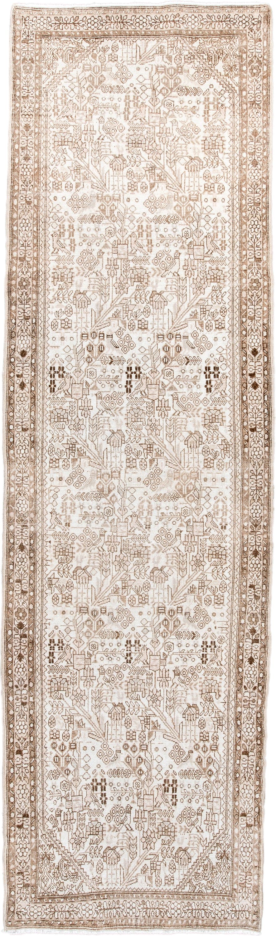 2' x 9' one-of-a-kind handmade antique Malayer runner rug. Color palette: ivory, camel, taupe, beige, sand, brown, gray