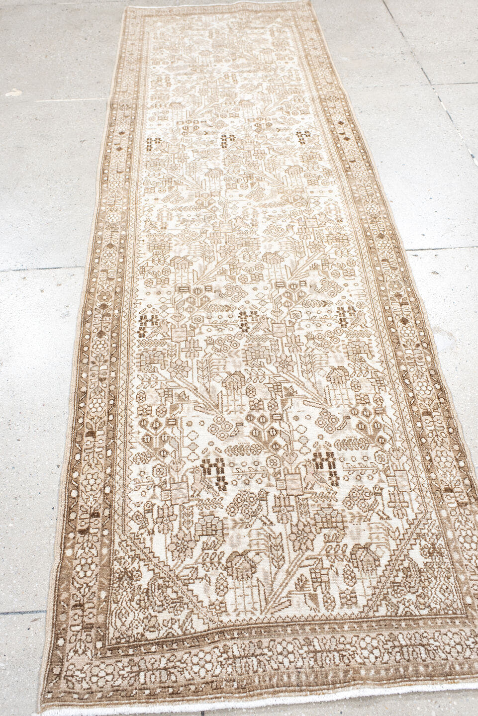 2' x 9' one-of-a-kind handmade antique Malayer runner rug. Color palette: ivory, camel, taupe, beige, sand, brown, gray
