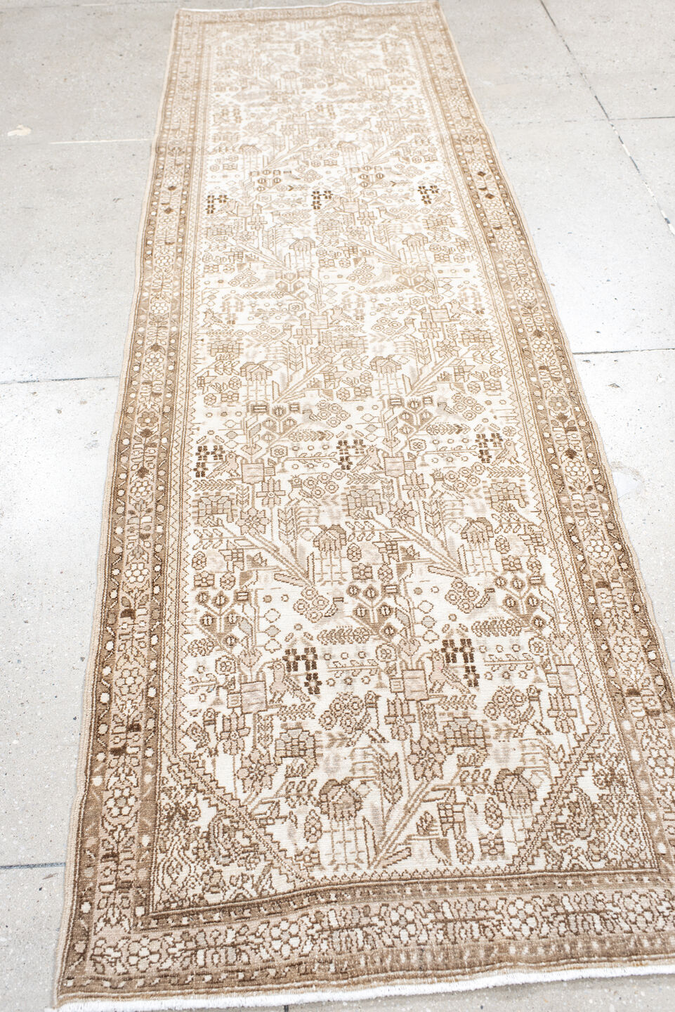 2' x 9' one-of-a-kind handmade antique Malayer runner rug. Color palette: ivory, camel, taupe, beige, sand, brown, gray