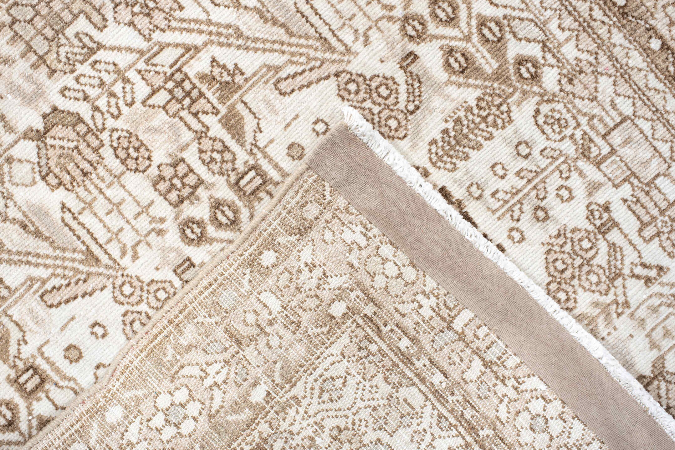 2' x 9' one-of-a-kind handmade antique Malayer runner rug. Color palette: ivory, camel, taupe, beige, sand, brown, gray
