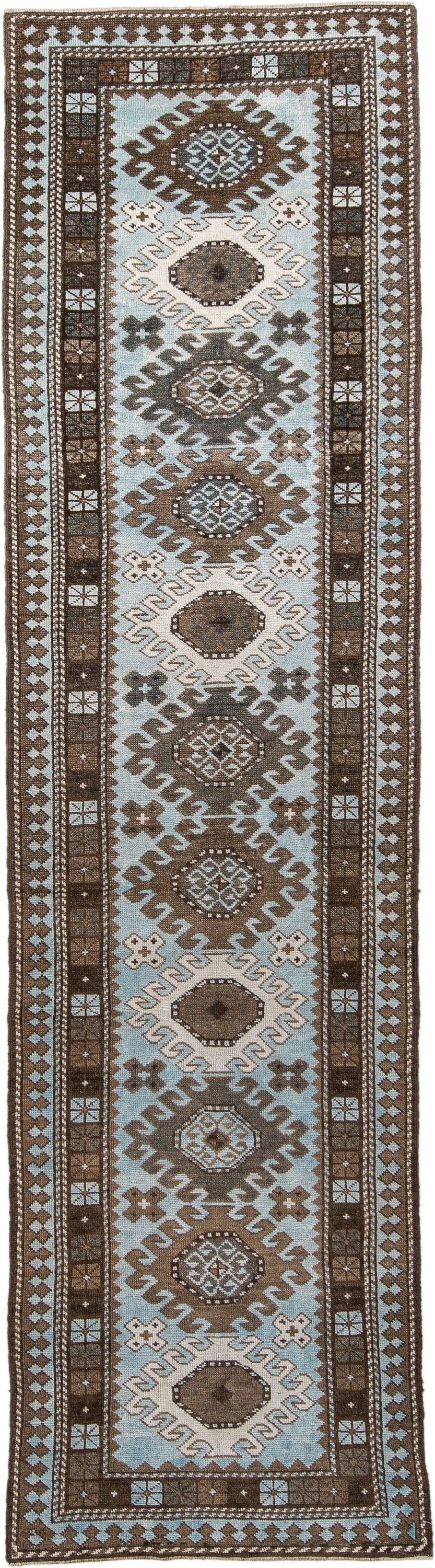 2' x 9' one-of-a-kind handmade vintage Anatolian runner rug. Color palette: brown, ivory, light blue, taupe, charcoal, beige