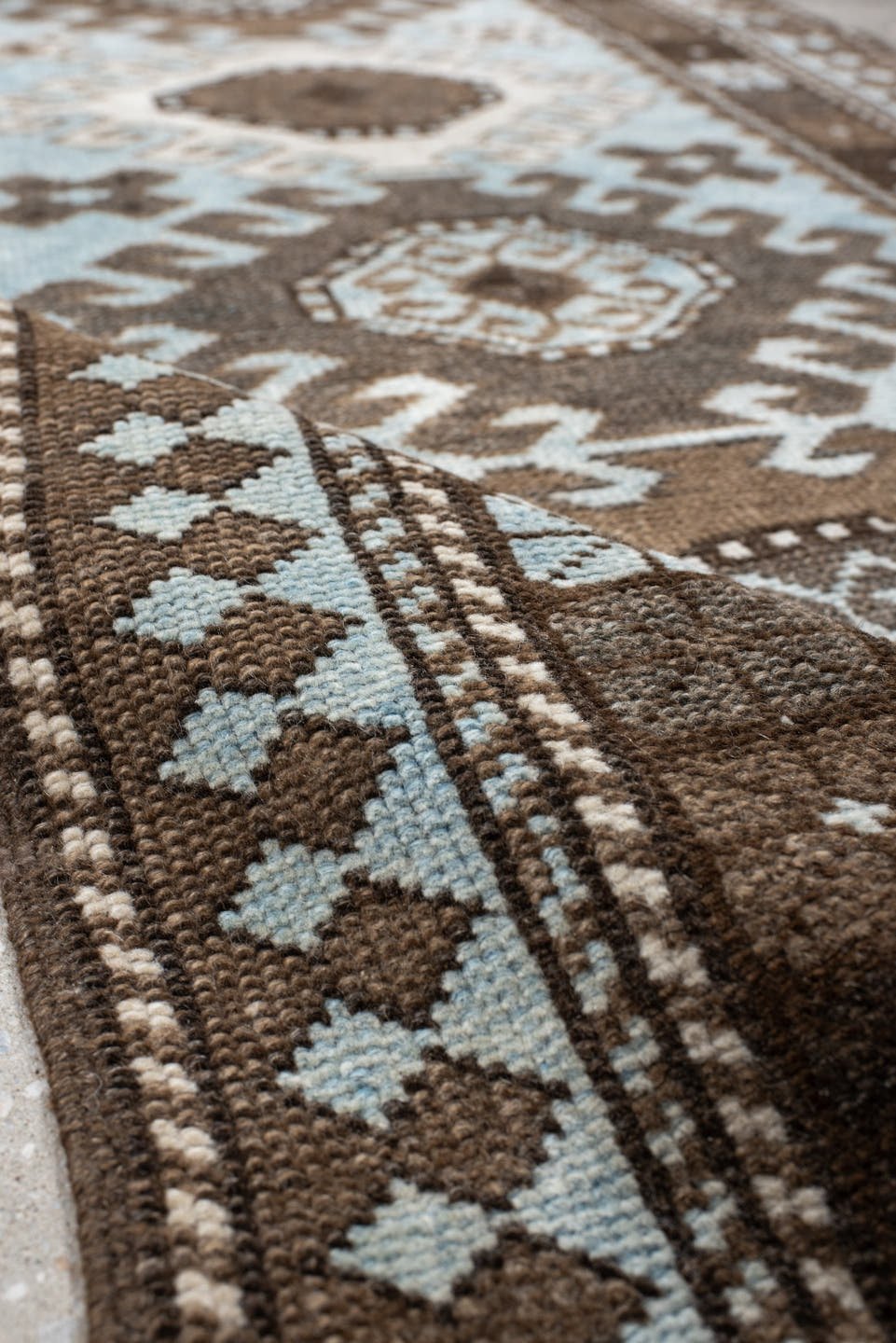 2' x 9' one-of-a-kind handmade vintage Anatolian runner rug. Color palette: brown, ivory, light blue, taupe, charcoal, beige
