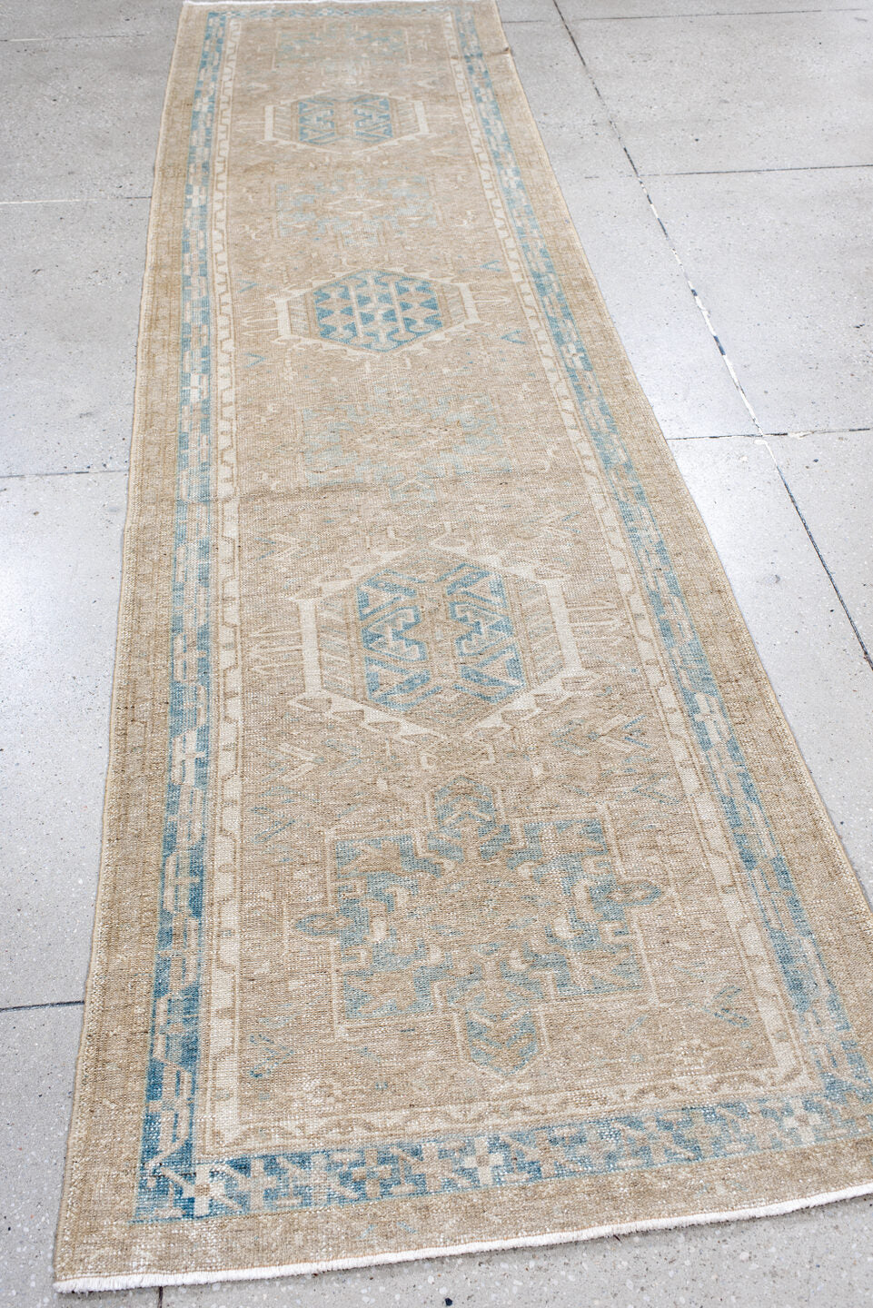 2' x 11' one-of-a-kind handmade vintage Karaje runner rug. Color palette: blue, brown, dark gray, gray, light gray