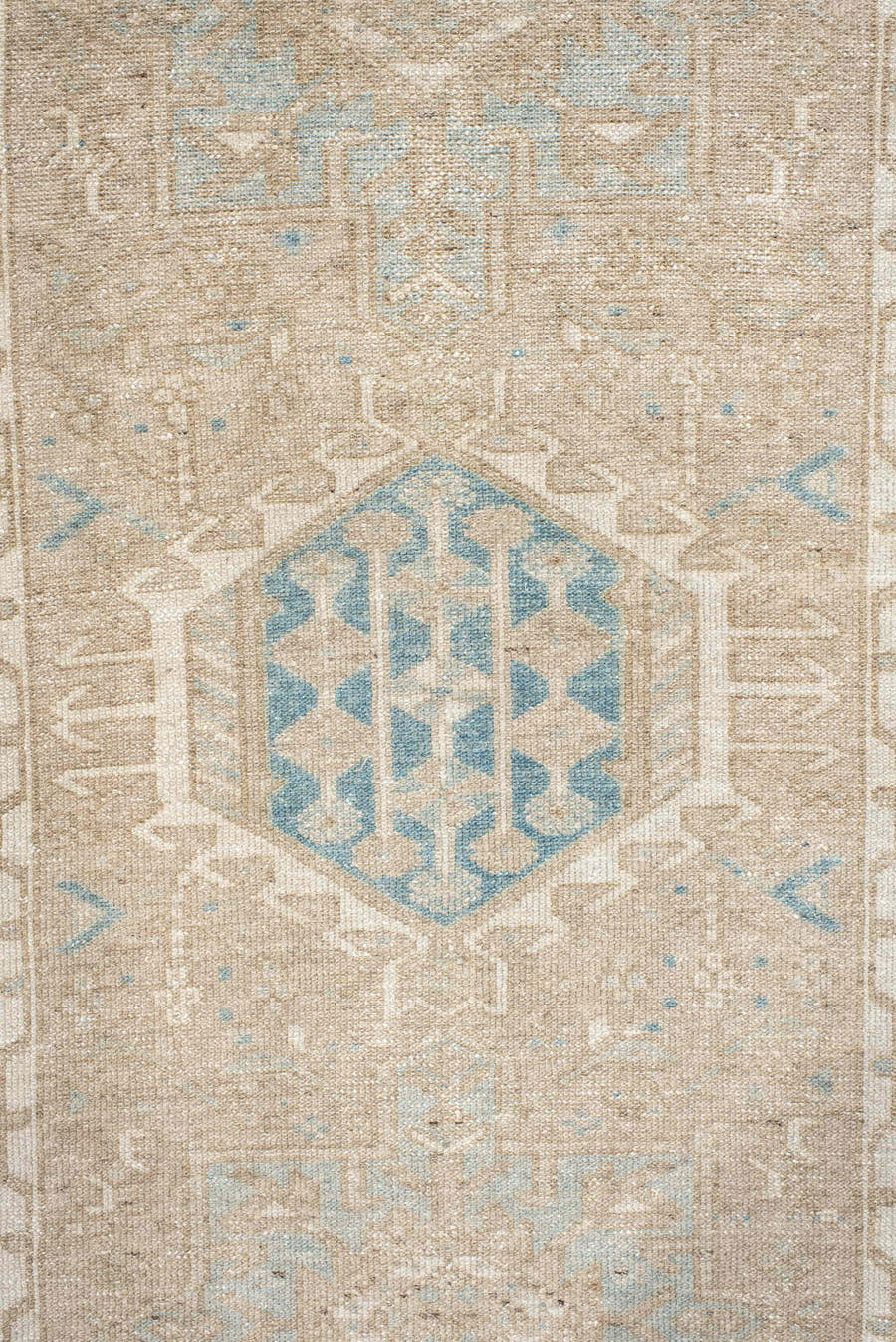 2' x 11' one-of-a-kind handmade antique Karaje runner rug. Color palette: ivory, pale blue, beige, taupe, cream, light blue