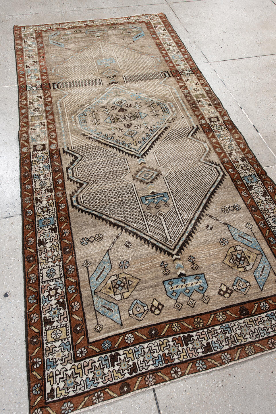 4' x 8' one-of-a-kind handmade vintage Sarab runner rug. Color palette: black, blue, brown, charcoal, gray, light gray