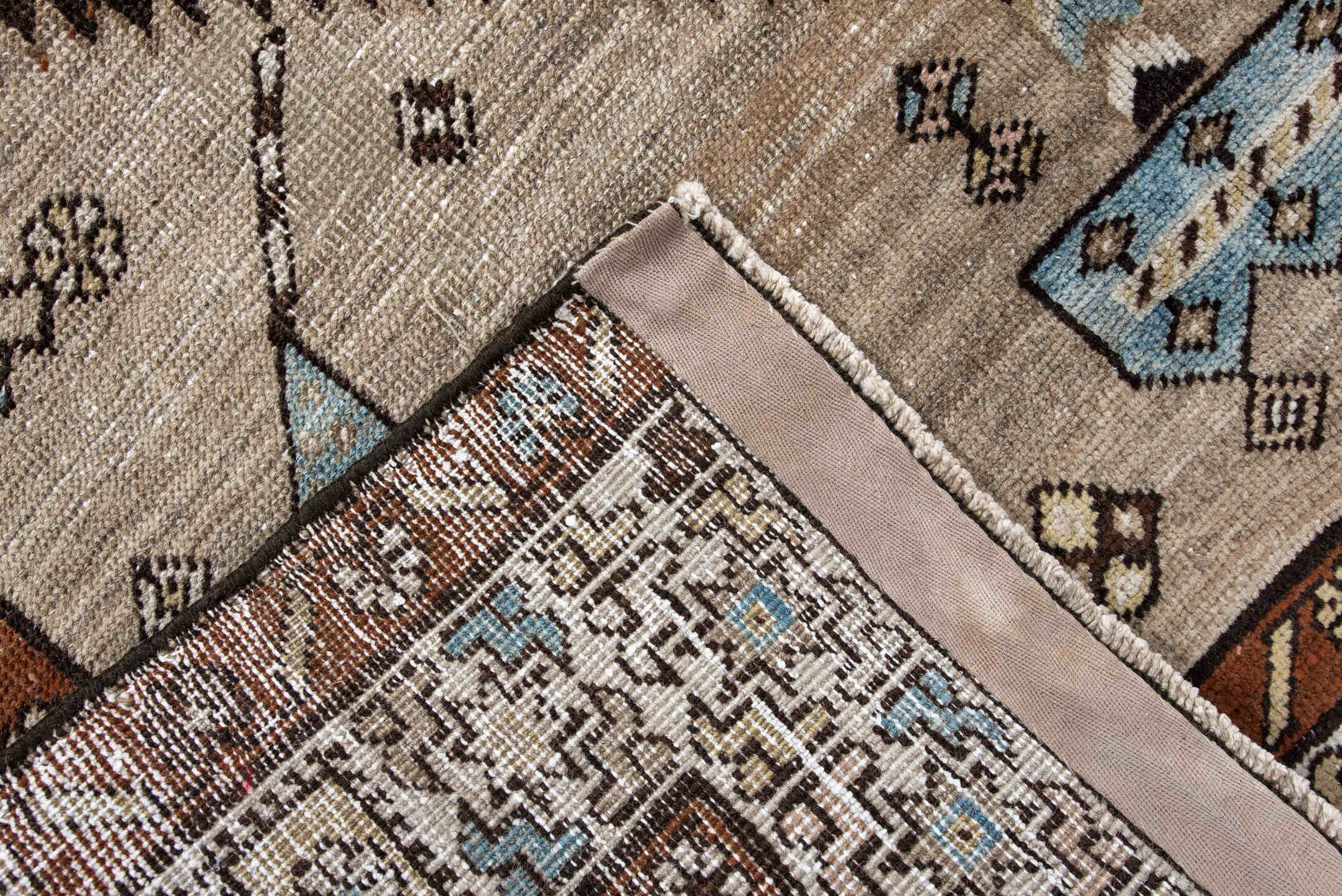 4' x 8' one-of-a-kind handmade vintage Sarab runner rug. Color palette: black, blue, brown, charcoal, gray, light gray