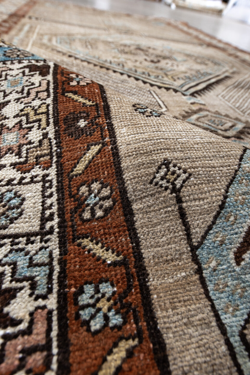 4' x 8' one-of-a-kind handmade vintage Sarab runner rug. Color palette: black, blue, brown, charcoal, gray, light gray