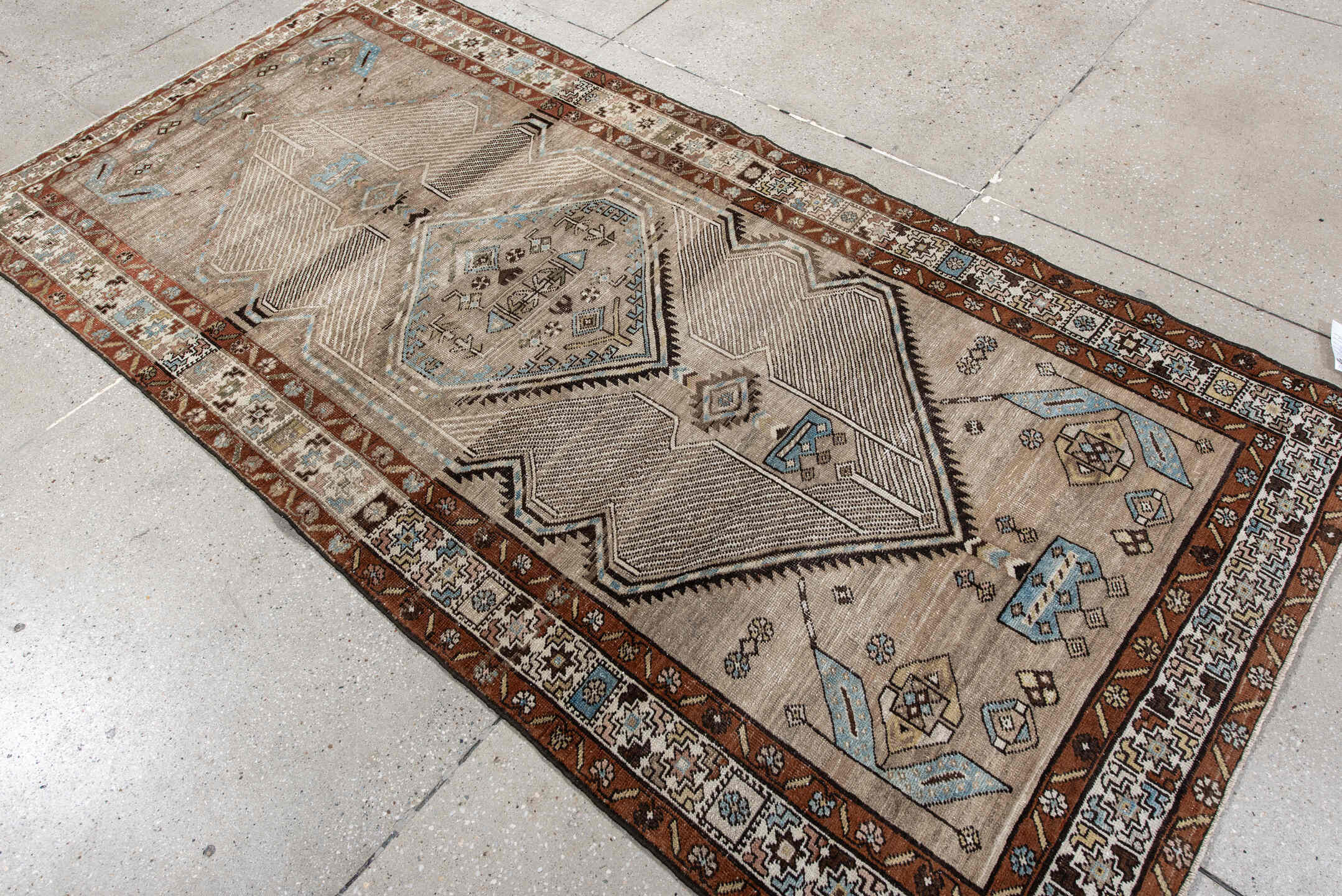4' x 8' one-of-a-kind handmade vintage Sarab runner rug. Color palette: black, blue, brown, charcoal, gray, light gray