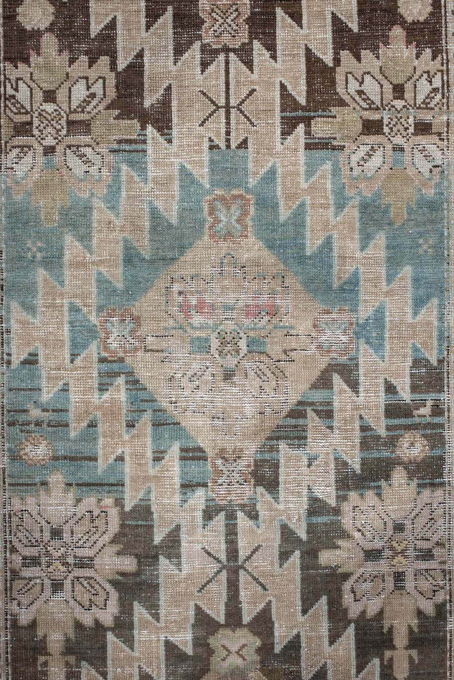 3' x 14' one-of-a-kind handmade antique Karabagh runner rug. Color palette: ivory, taupe, brown, sky blue, charcoal, blush