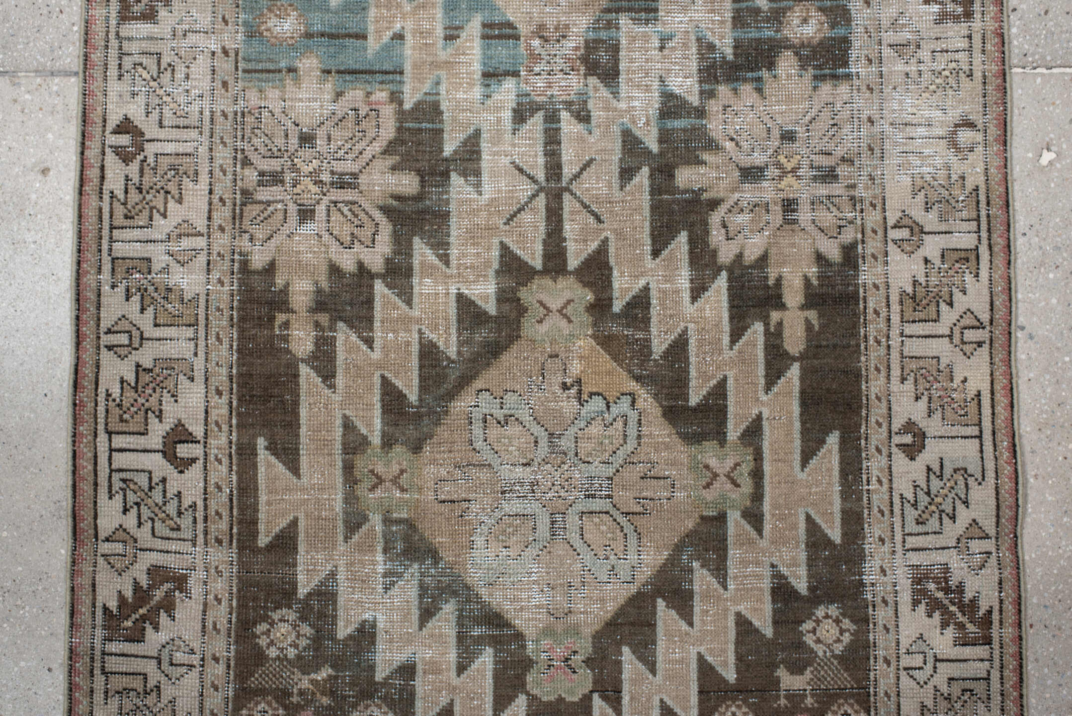3' x 14' one-of-a-kind handmade antique Karabagh runner rug. Color palette: ivory, taupe, brown, sky blue, charcoal, blush