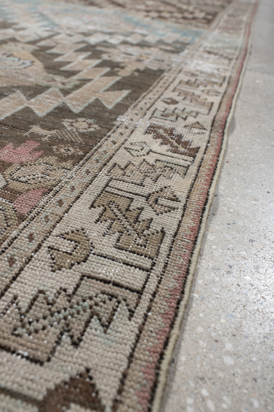 3' x 14' one-of-a-kind handmade antique Karabagh runner rug. Color palette: ivory, taupe, brown, sky blue, charcoal, blush