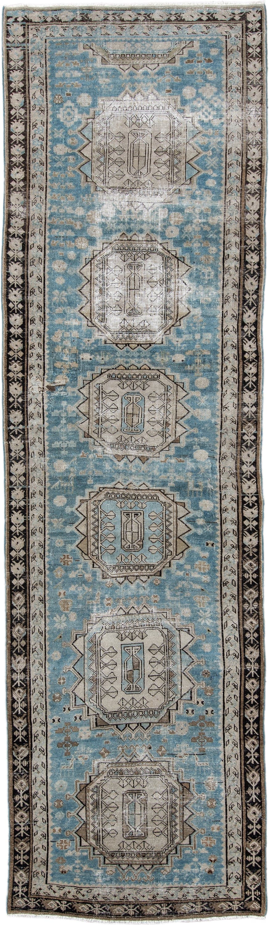 3' x 11' one-of-a-kind handmade vintage NW Persian runner rug. Color palette: sky blue, ivory, charcoal, taupe, slate, camel