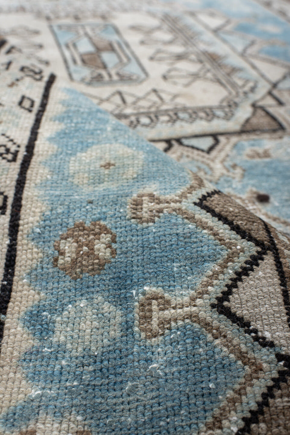 3' x 11' one-of-a-kind handmade vintage NW Persian runner rug. Color palette: sky blue, ivory, charcoal, taupe, slate, camel