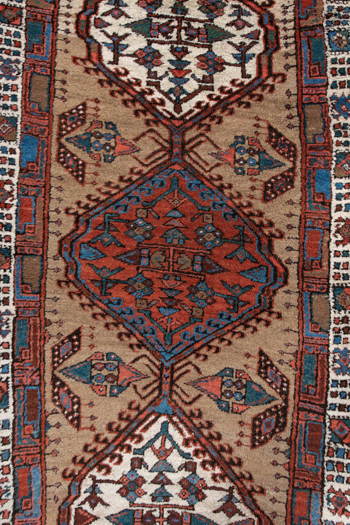 2' x 6' one-of-a-kind handmade antique Sarab runner rug. Color palette: ivory, sky blue, rust, navy, terracotta, brown