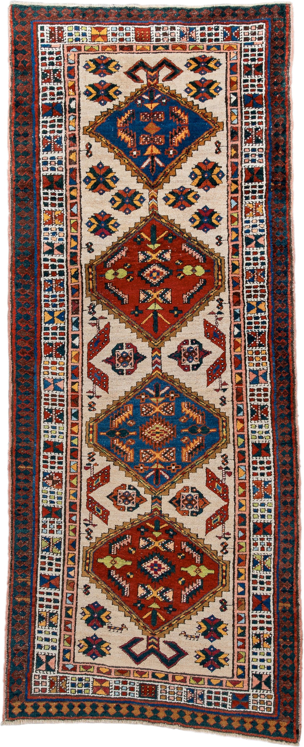 3' x 7' one-of-a-kind handmade antique Sarab runner rug. Color palette: ivory, indigo, rust, camel, navy, coral, gold, sage