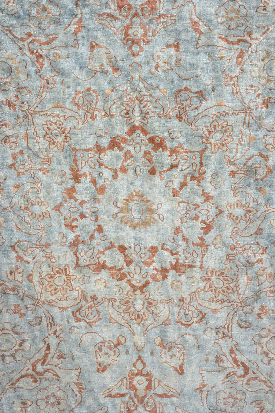 6' x 8' one-of-a-kind handmade antique Sarouk medium size rug. Color palette: ivory, pale blue, blush, peach, taupe