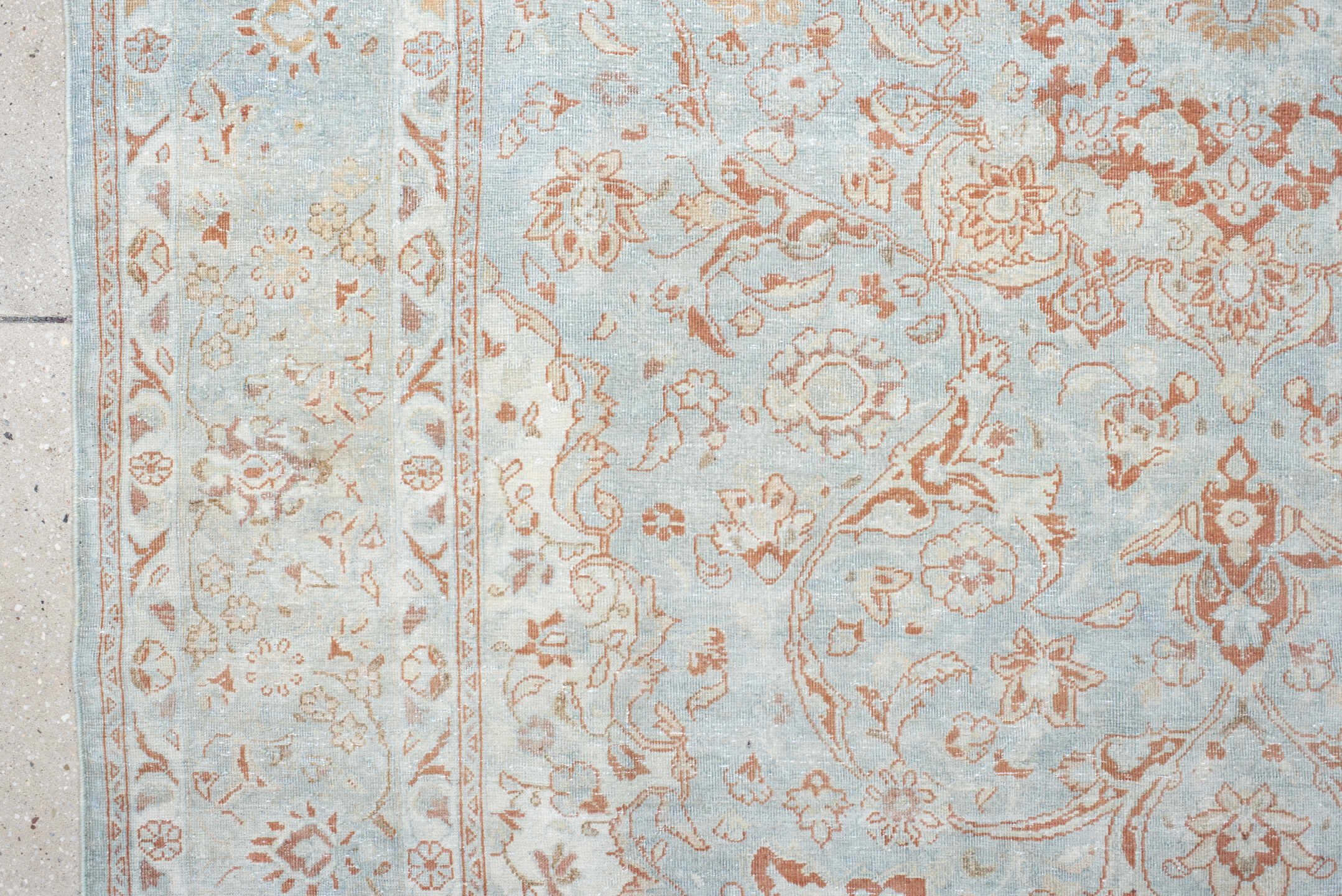 6' x 8' one-of-a-kind handmade antique Sarouk medium size rug. Color palette: ivory, pale blue, blush, peach, taupe