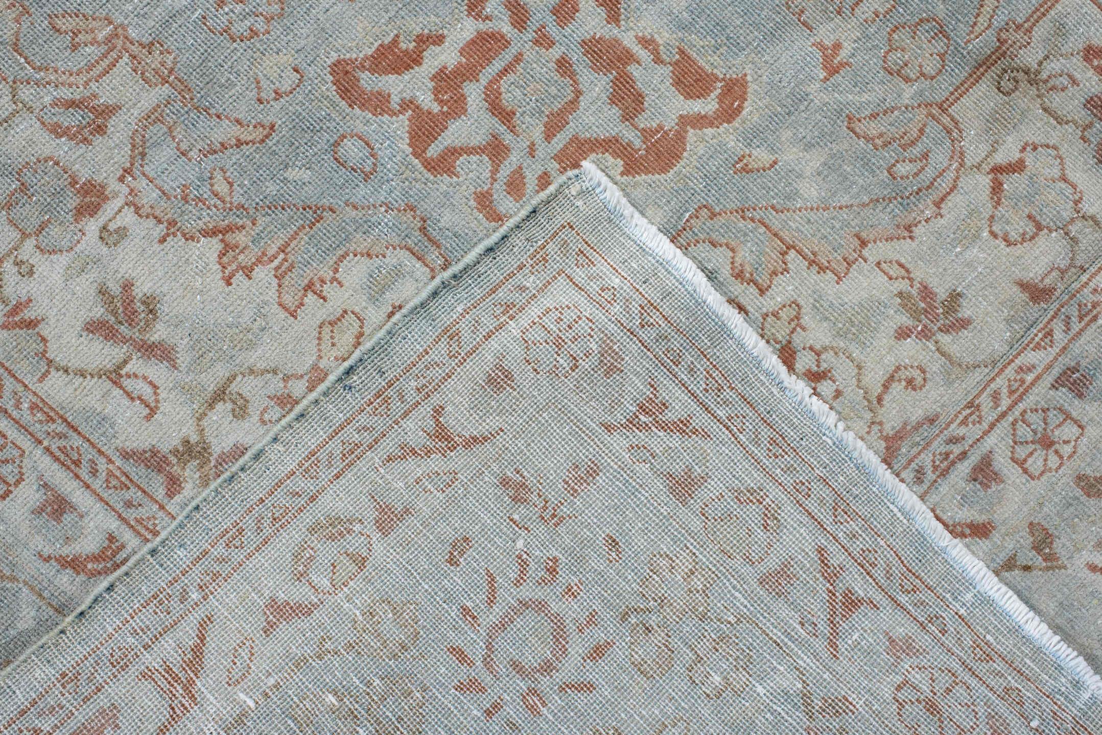 6' x 8' one-of-a-kind handmade antique Sarouk medium size rug. Color palette: ivory, pale blue, blush, peach, taupe