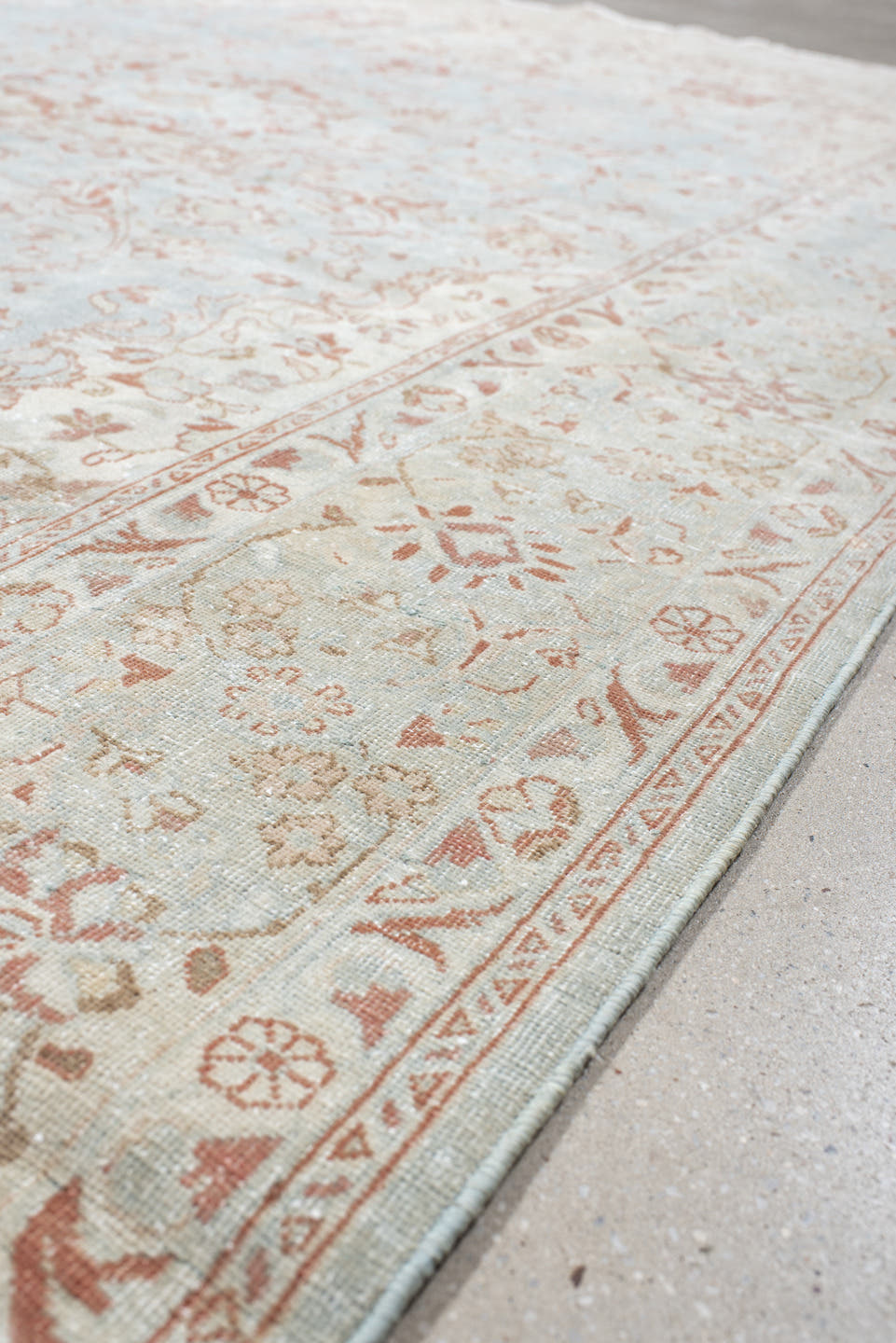 6' x 8' one-of-a-kind handmade antique Sarouk medium size rug. Color palette: ivory, pale blue, blush, peach, taupe