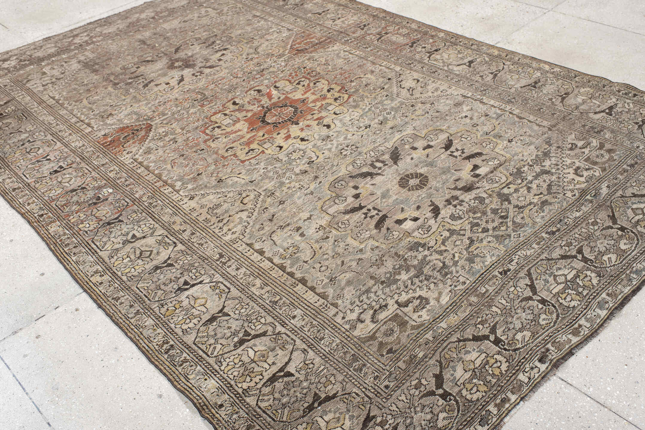 6' x 9' one-of-a-kind handmade antique Shiraz medium size rug. Color palette: taupe, ivory, charcoal, rust, brown, camel